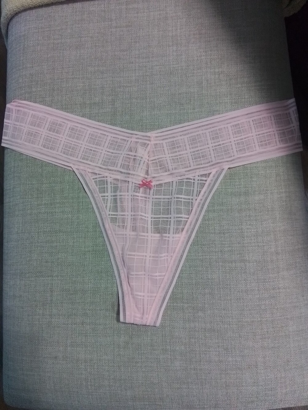 Pink Victorias Sheer Pink Plaid Lace Thong with Bow